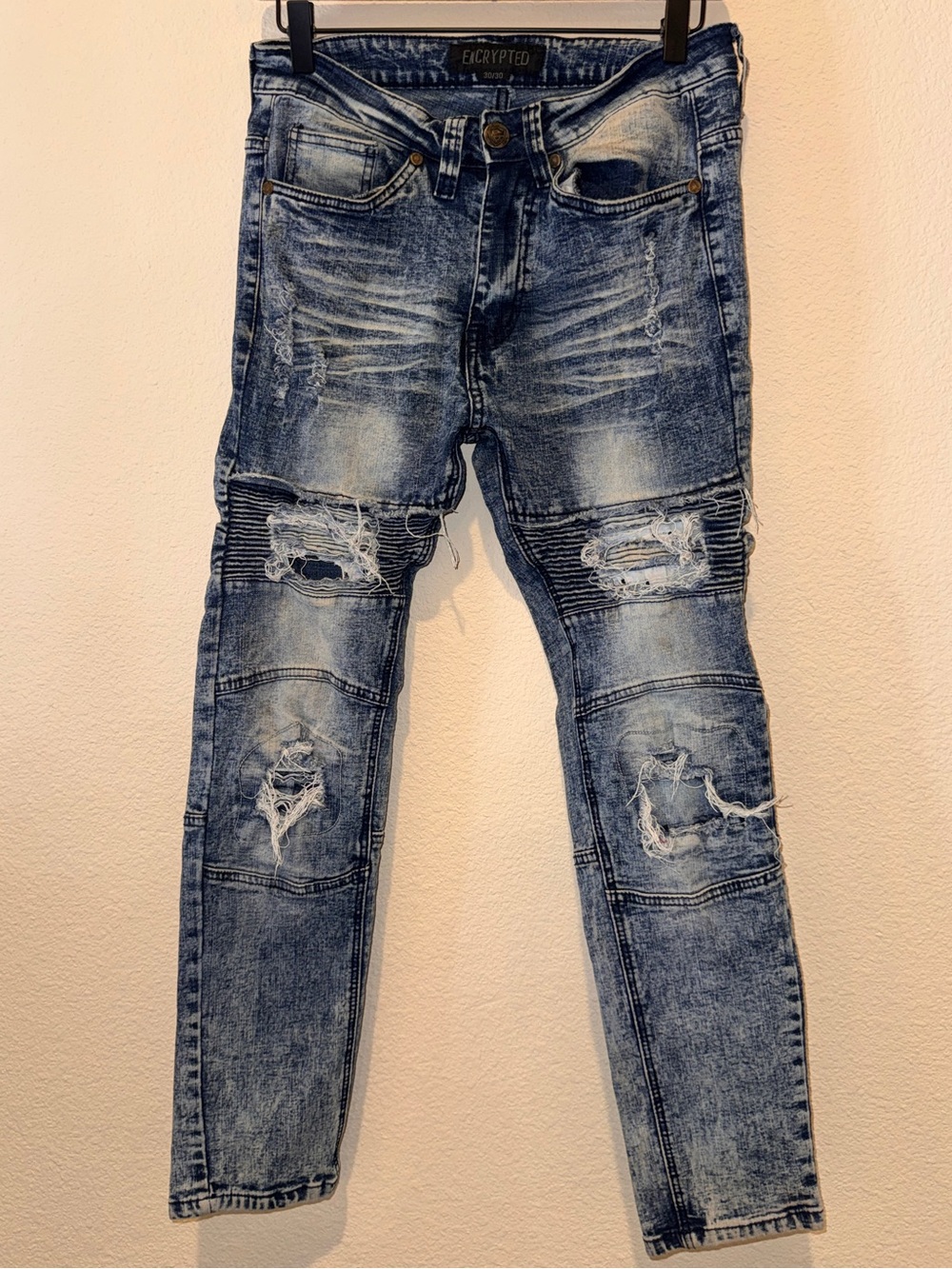 Encrypted NYC Men's Distressed Moto Biker Jeans Blue Acid Wash